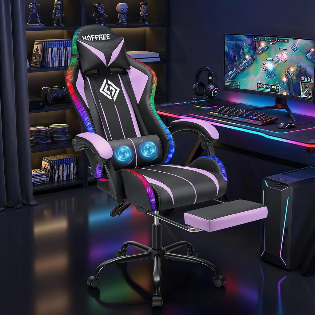 HOFFREE Gaming Chair with LED RGB Lights and Massage Ergonomic Computer Chair with Footrest High Back Video Game Chair with Adjustable Lumbar Support Linkage Armrest Purple and Black