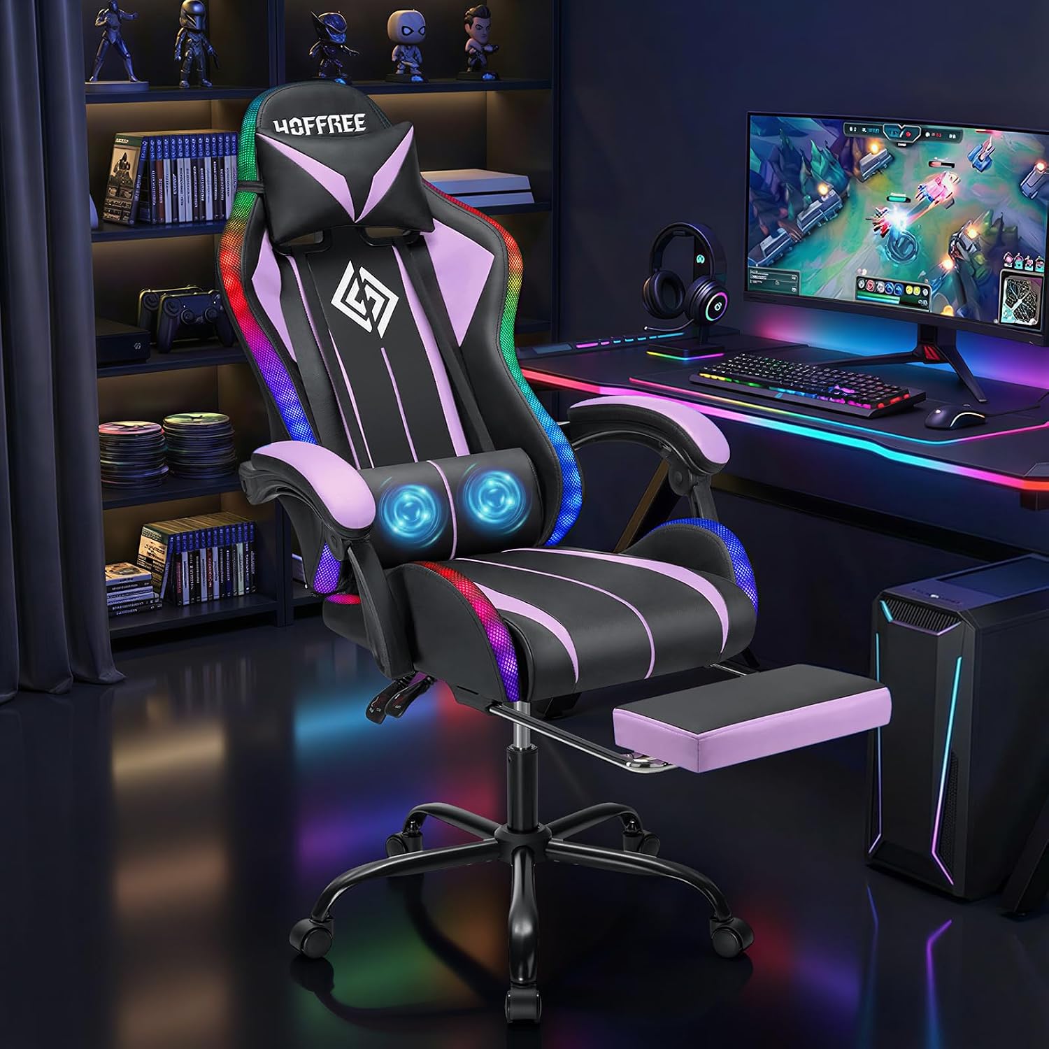 HOFFREE Gaming Chair with LED RGB Lights and Massage Ergonomic Computer Chair with Footrest High Back Video Game Chair with Adjustable Lumbar Support Linkage Armrest Purple and Black