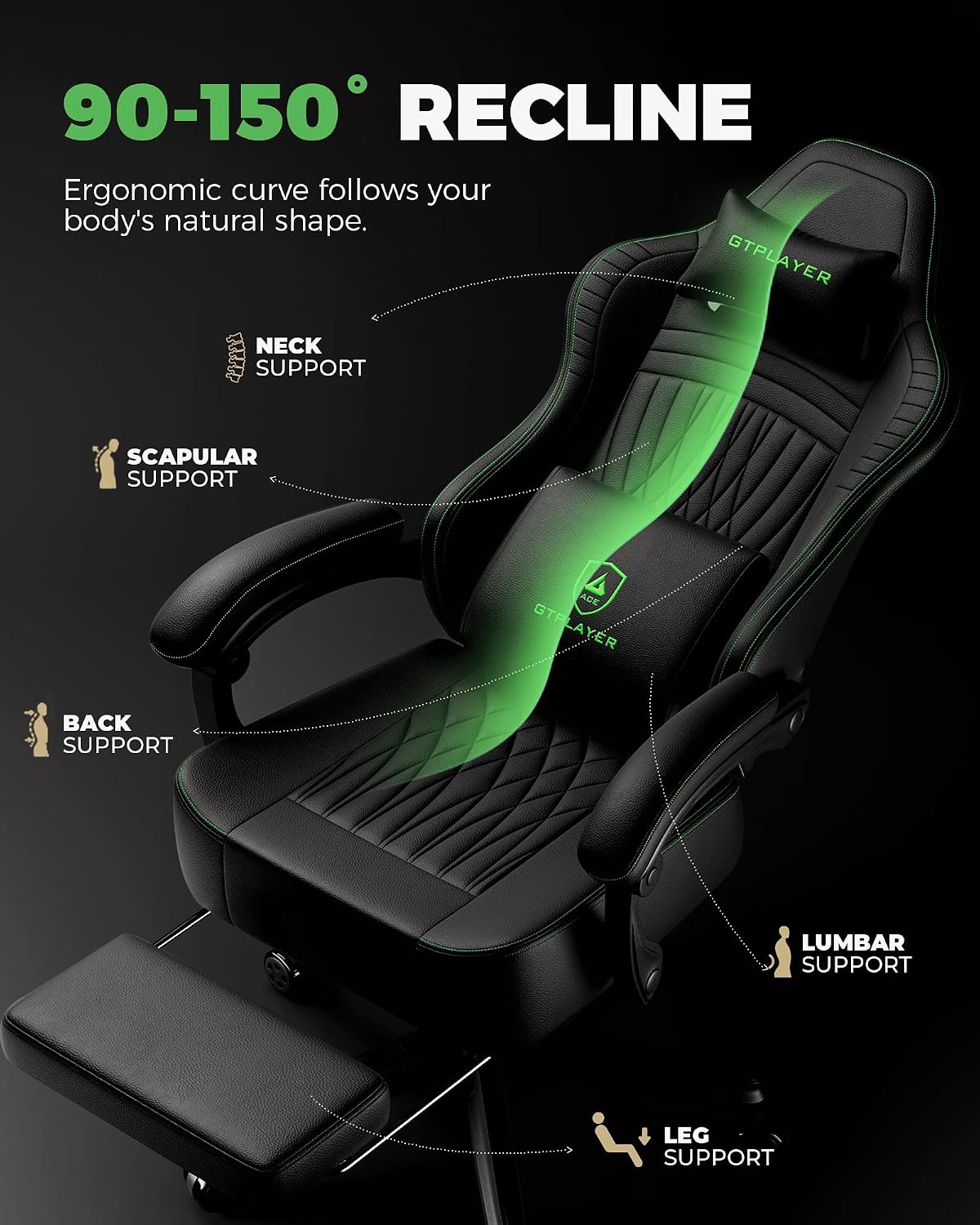 GTPLAYER Gaming Chair for Adults, Ergonomic Video Game Chairs, Footrest & Linkage Armrest, Reclining High Back Silla Gamer with Wider Seat for Home Office, Ace Pro, Black & Green