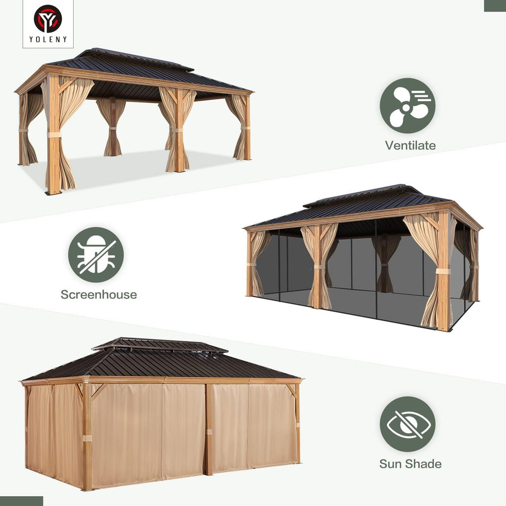 YOLENY 12' x 20' Hardtop Gazebo Wood Grain Pergola with Galvanized Steel Double Roof, Aluminum Frame, Outdoor Patio Gazebo with Netting and Curtains for Deck, Backyard, Patio and Lawns