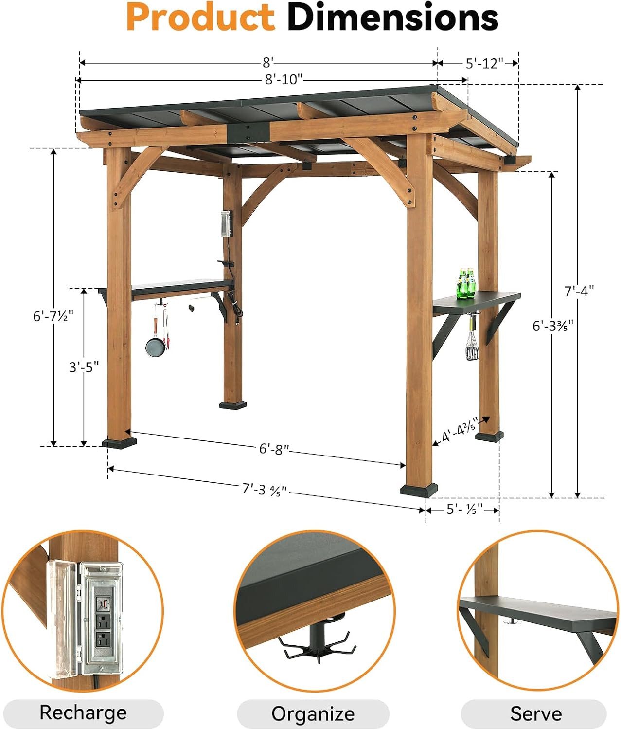 Modern Shade Grill Gazebo 6' X 8', Cedar Wood Gazebo with Shelves and Paper Towel Holder, Outdoor Bar with Galvanized Steel Roof, USB and USB-C Charging Ports, Outdoor Patio Bars for Backyard