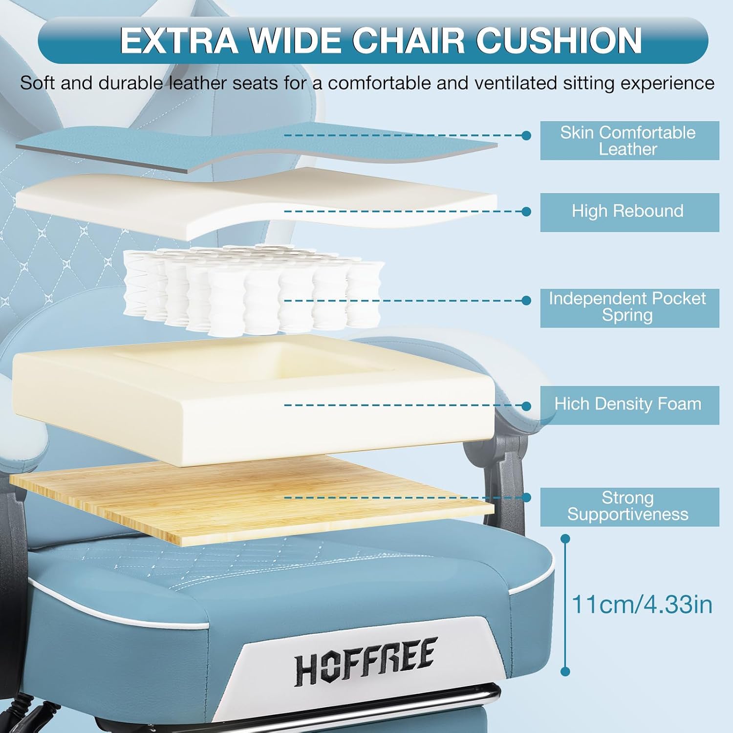 HOFFREE Gaming Chair Computer Chair with Speakers Massage Game Chairs with Footrest Bluetooth High Back Ergonomic Computer Gaming Chairs for Adults Reclining Video Gamer Chair Stone Blue and White