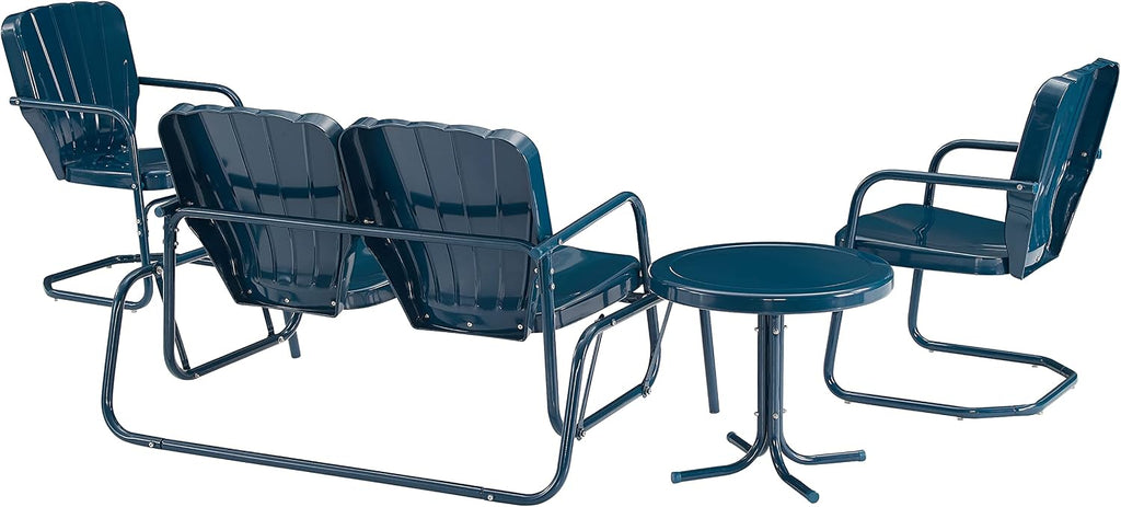 Crosley Furniture Ridgeland 4-Piece Retro Metal Outdoor Loveseat Glider Patio Furniture Set for Porch, Deck, Navy Gloss