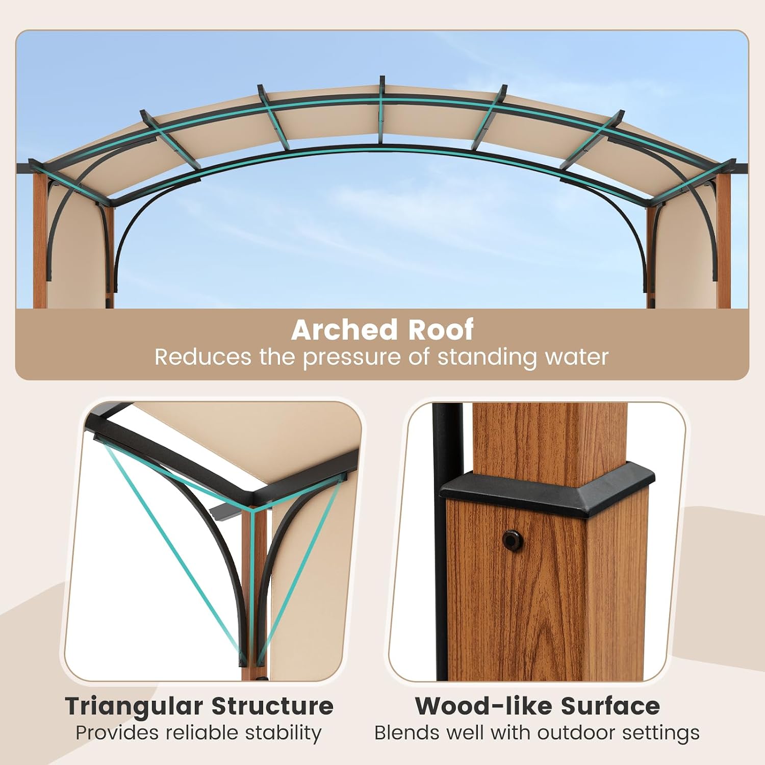 Tangkula Arched Patio Shelter Pavilion with Retractable Sun Shade Canopy, Extra Large Outdoor Pergola for Deck, Porch, Garden, Yard (Beige)