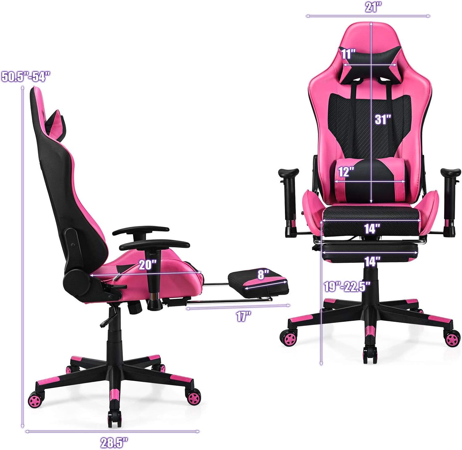 Giantex Massage Gaming Chair Pink, Ergonomic Video Game Chair with Footrest, High Back E-Sport Computer Chair with Headrest & Massager Lumbar Support, PU Leather Gaming Seat