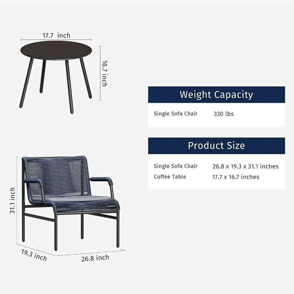 East Oak 3-Piece Patio Furniture Set, Outdoor Bistro Set with PE Rattan Wicker Wide Chairs, Soft Cushions & Coffee Table, Modern All-Weather Wicker Patio Set for Garden and Porch, Navy Blue