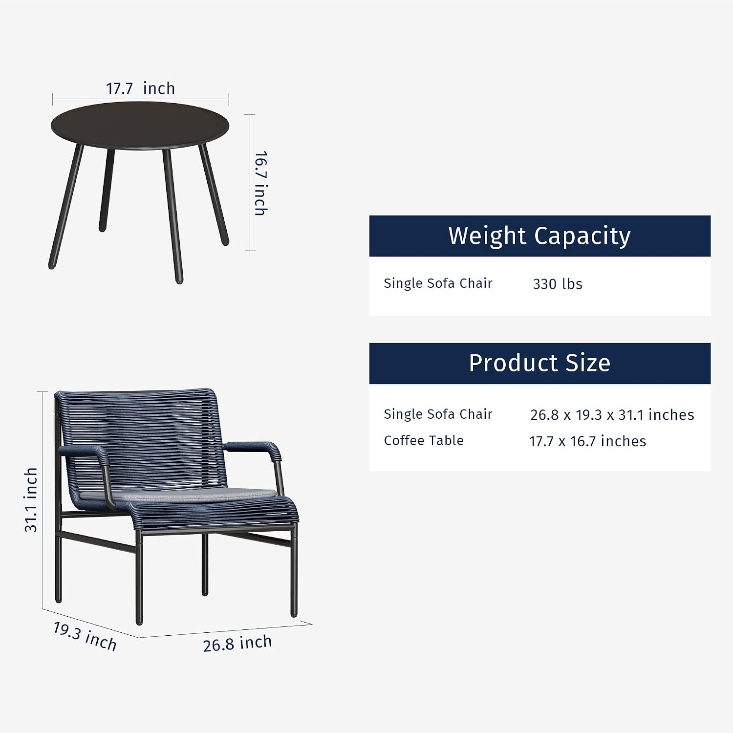 East Oak 3-Piece Patio Furniture Set, Outdoor Bistro Set with PE Rattan Wicker Wide Chairs, Soft Cushions & Coffee Table, Modern All-Weather Wicker Patio Set for Garden and Porch, Navy Blue