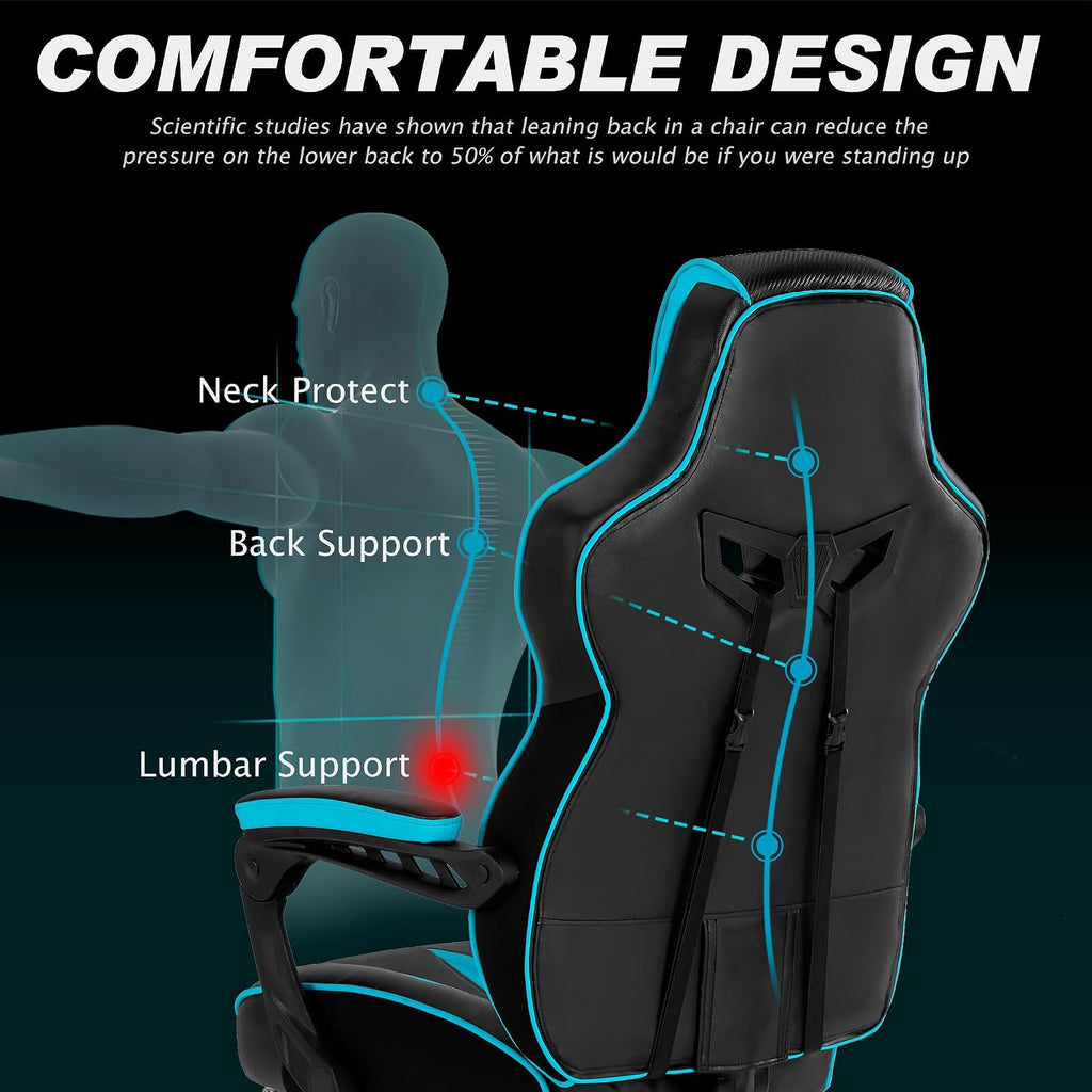 Vonesse Gaming Chairs for Adults, Gaming Chairs with Footrest and Massage, Reclining Computer Chair for Heavy People,Big and Tall Ergonomic Gamer Chair with Lumbar Pillow(Teal/Cyan)