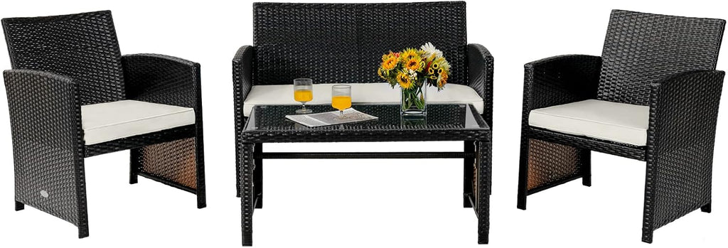 COSTWAY 4 Piece Patio Furniture Set, Outdoor PE Rattan Wicker Sectional Sofa with Cushion and Coffee Table, Patio Conversation Sets for Balcony Lawn Porch Patio Backyard Garden Poolside, White
