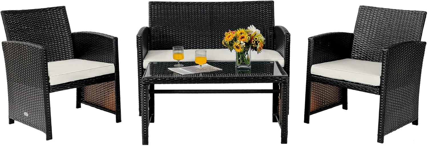 COSTWAY 4 Piece Patio Furniture Set, Outdoor PE Rattan Wicker Sectional Sofa with Cushion and Coffee Table, Patio Conversation Sets for Balcony Lawn Porch Patio Backyard Garden Poolside, White