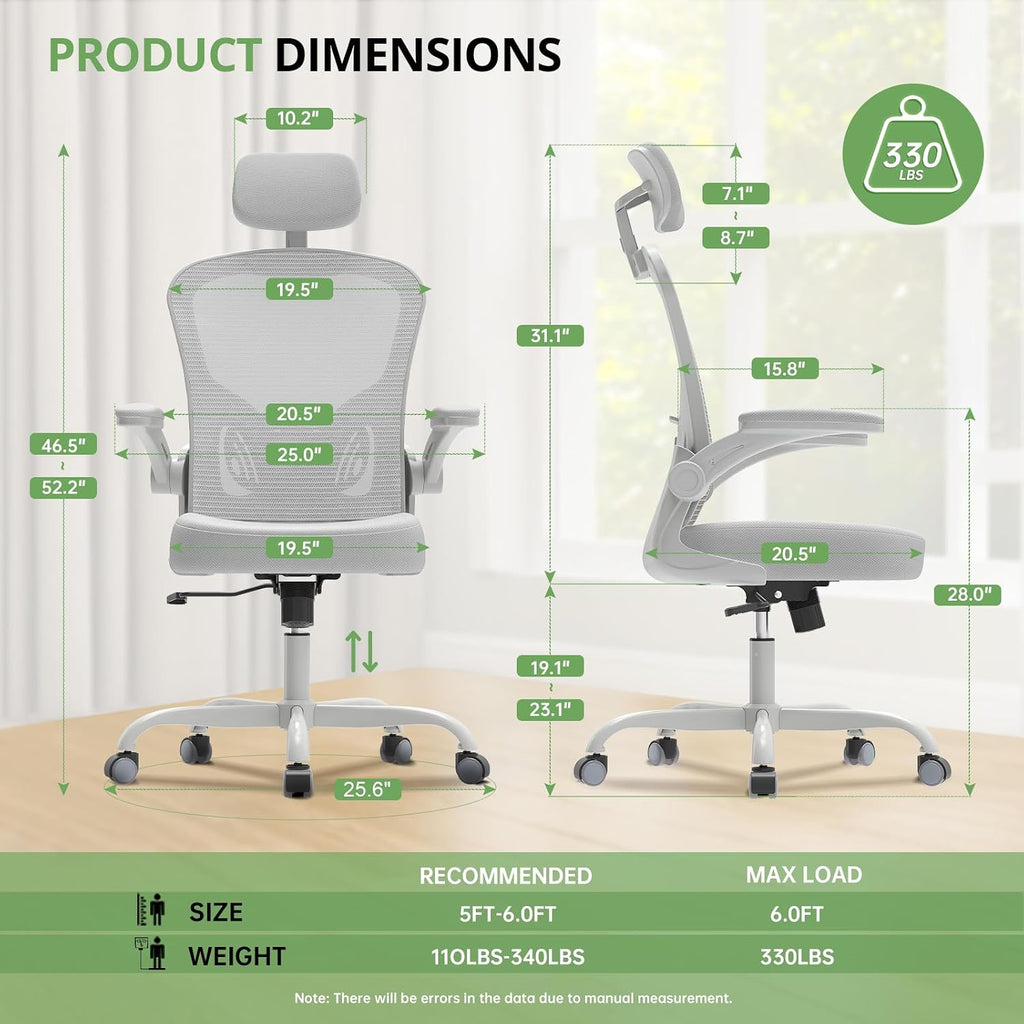Synorla Office Chair Ergonomic Desk Chair, 330LBS Capacity, High Back Computer Design for Long Hours Comfort, Rolling Swivel Executive Task for Home Office with Flip-up Armrests（Grey）