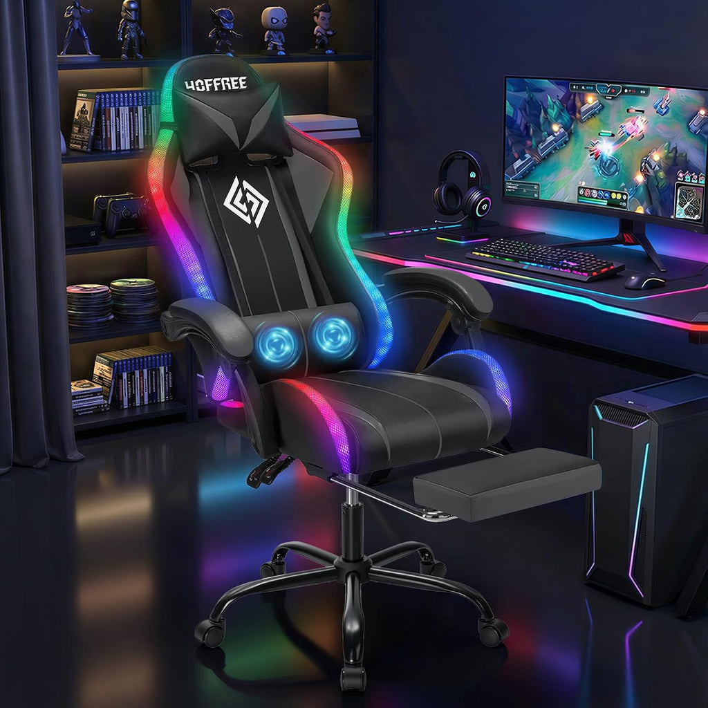 RGB Gaming Chair Massage with LED Lights and Ergonomic Computer Gaming Chair with Footrest High Back Video Game Chairs with Adjustable Lumbar Support Grey and Black