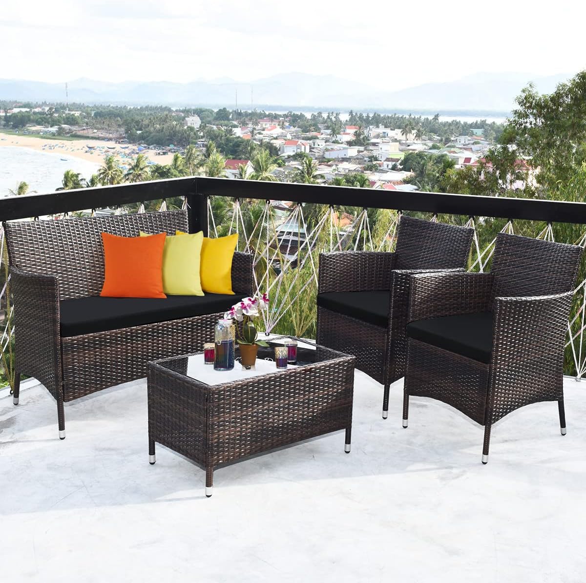 Tangkula 4 Pieces Patio Rattan Conversation Set, Outdoor Wicker Furniture with Tempered Glass Coffee Table & Thick Cushion, Rattan Chair Wicker Set for Garden, Lawn, Poolside and Backyard (1, Black)