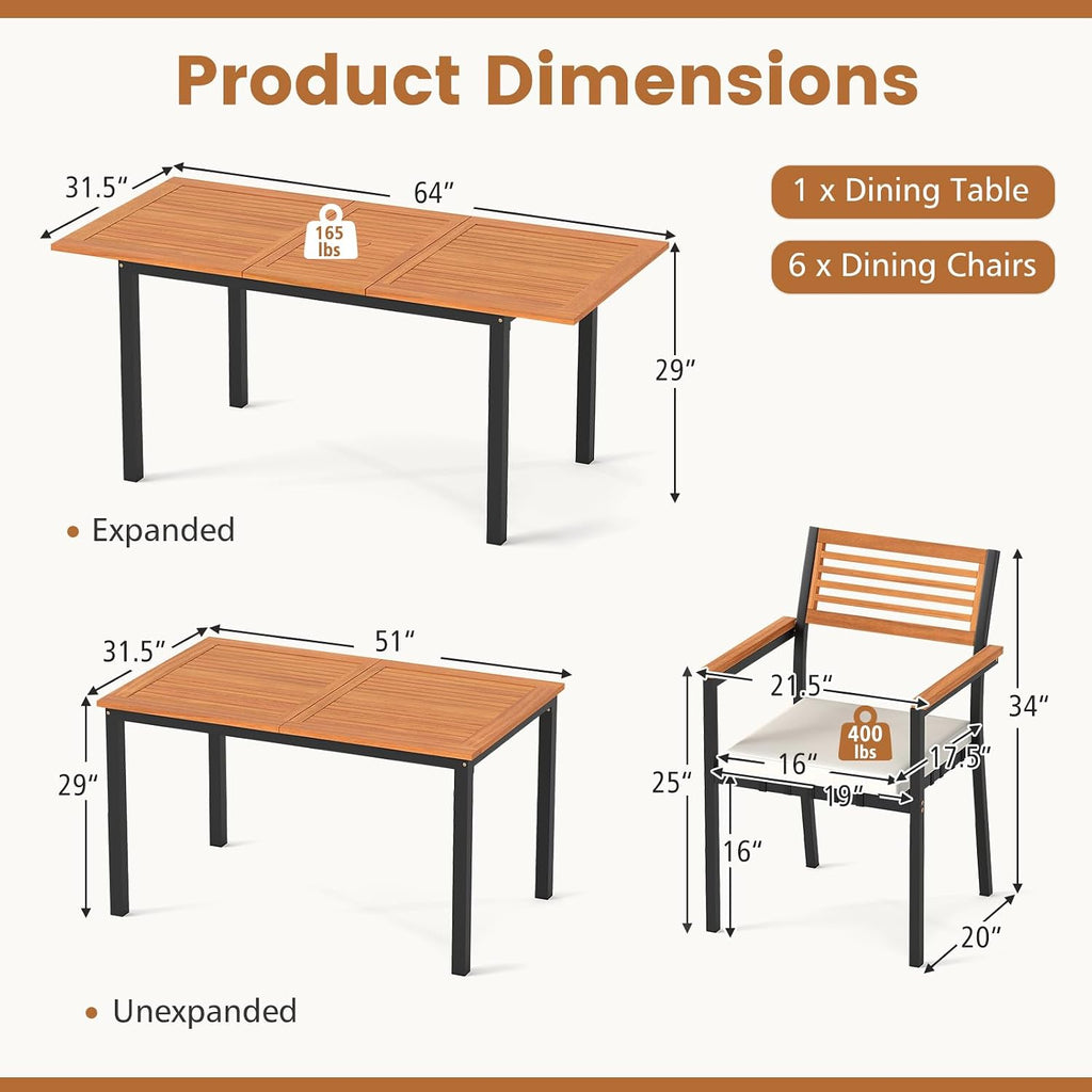 Tangkula 7 Piece Patio Dining Set, Outdoor Acacia Wood Cushioned Chairs and 51'-64' Expandable Rectangular Table Set, with Umbrella Hole, 6 Stackable Armchairs, for Poolside Garden (Off White)