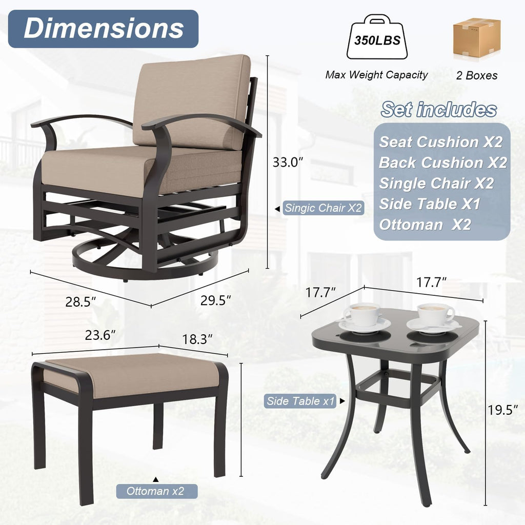 Kurapika 5 Pieces Patio Furniture Set, Outdoor Aluminum Swivel Gliders Rocker, Patio Bistro Set Rocking Chair with Thickened Cushions and Side Table(Sand)