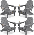 SERWALL Folding Adirondack Chair with Cup Holder Set of 4, Weather Resistant HIPS Patio Chairs, Wooden Textured, Fire Pit Chairs for Garden Outdoors Fire Pit - Gray