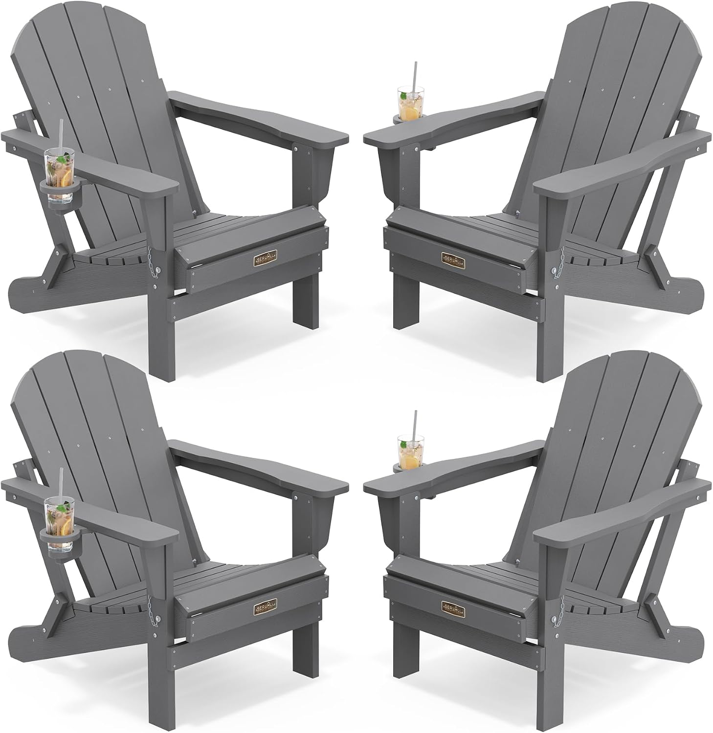 SERWALL Folding Adirondack Chair with Cup Holder Set of 4, Weather Resistant HIPS Patio Chairs, Wooden Textured, Fire Pit Chairs for Garden Outdoors Fire Pit - Gray