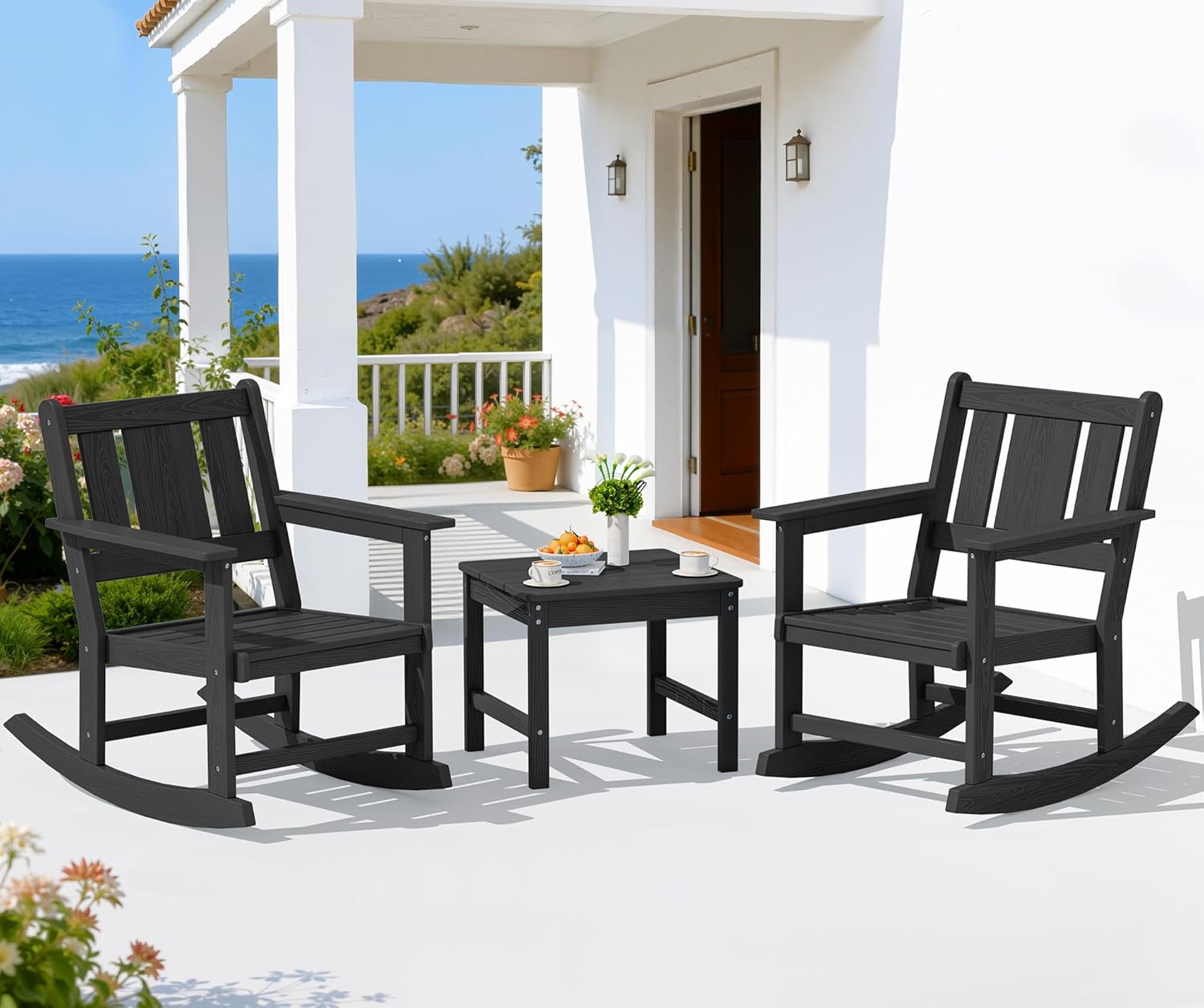 SERWALL Outdoor Rocking Chair Set of 2 with Side Table, All-Weather HDPE 3 Piece Patio Furniture Set, Outdoor Bistro Set with Pre-Drilled Umbrella Hole for Porch Deck Lawn Balcony, Black