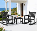 SERWALL Outdoor Rocking Chair Set of 2 with Side Table, All-Weather HDPE 3 Piece Patio Furniture Set, Outdoor Bistro Set with Pre-Drilled Umbrella Hole for Porch Deck Lawn Balcony, Black