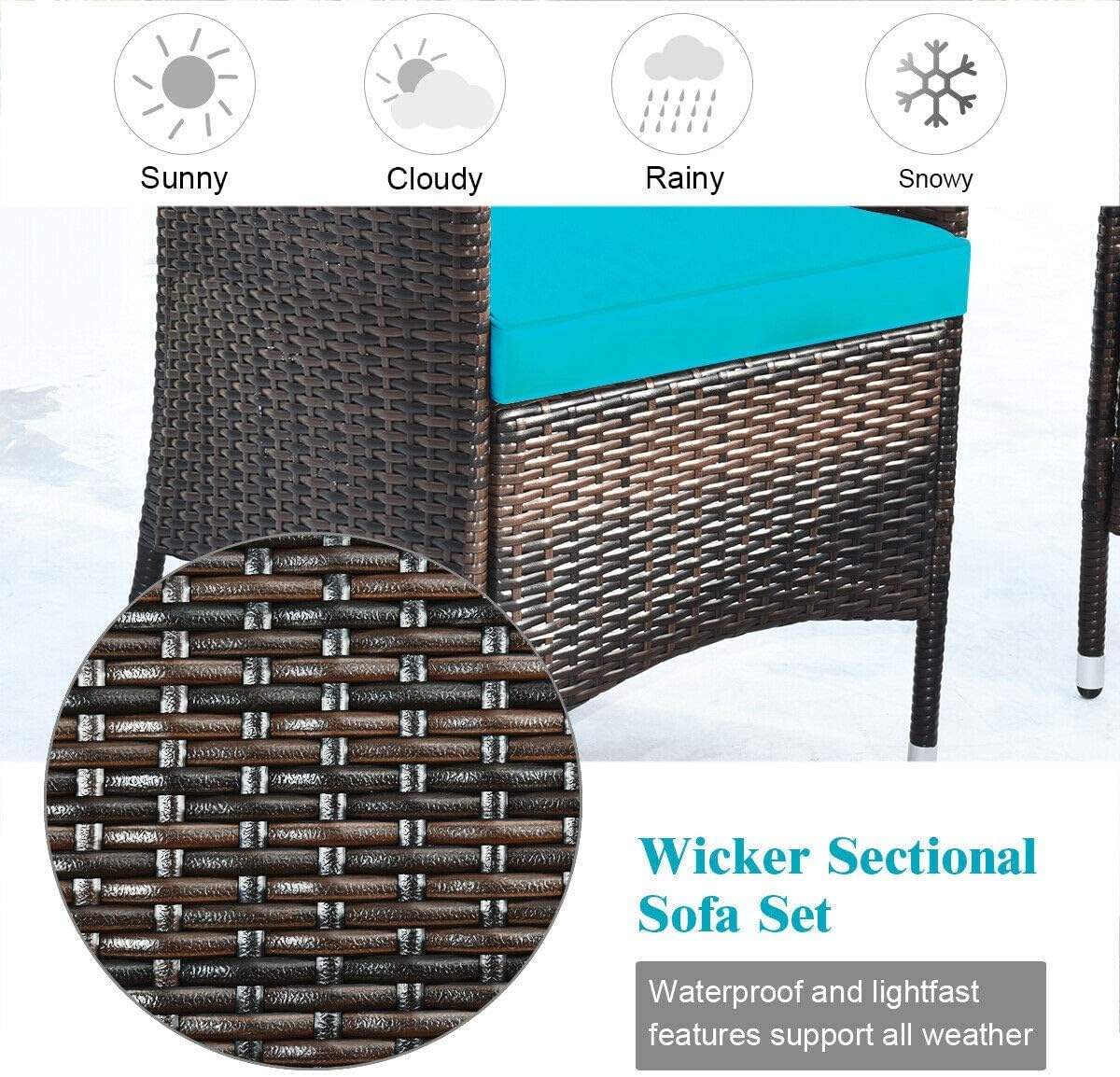 HAPPYGRILL 4-Piece Patio Furniture Set Rattan Wicker Conversation Set with Cushioned Sofa and Coffee Table for Outdoor Backyard Garden Poolside