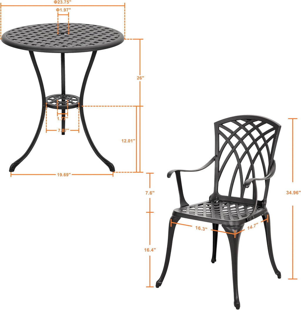 NUU GARDEN 3 Piece Patio Bistro Set, Cast Aluminum Patio Bistro Table and Chairs Set of 2 with Umbrella Hole, Outdoor Bistro Set for Patio or Backyard, Black
