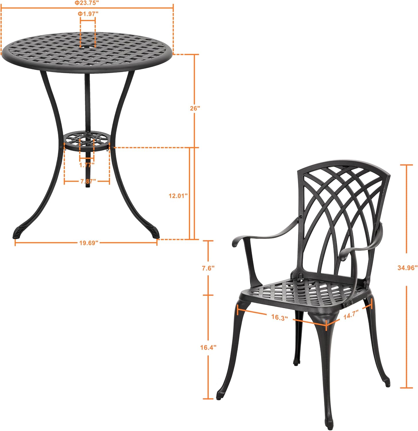 NUU GARDEN 3 Piece Patio Bistro Set, Cast Aluminum Patio Bistro Table and Chairs Set of 2 with Umbrella Hole, Outdoor Bistro Set for Patio or Backyard, Black