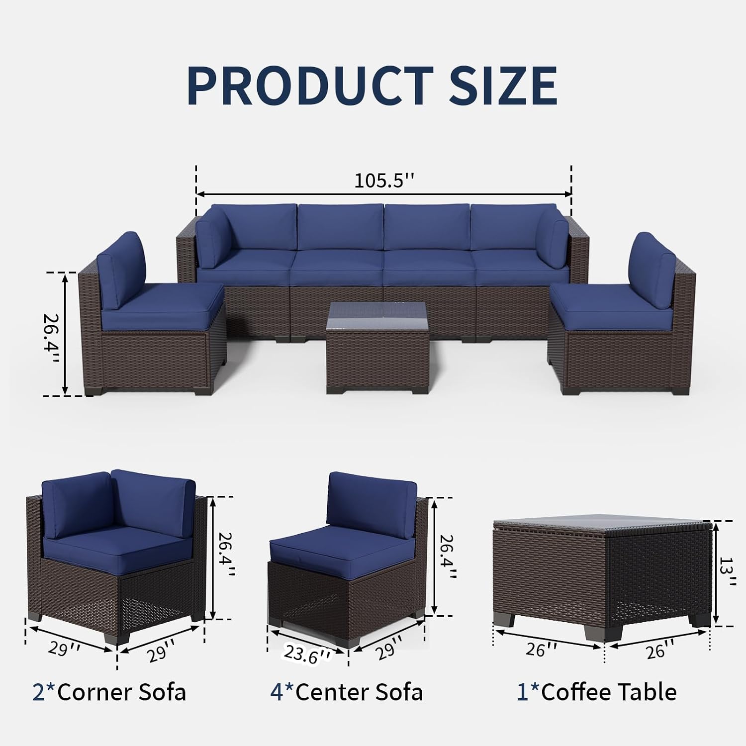Patio Furniture Set (Dark Brown Rattan & Dark Blue Cushions, 7 Pieces)