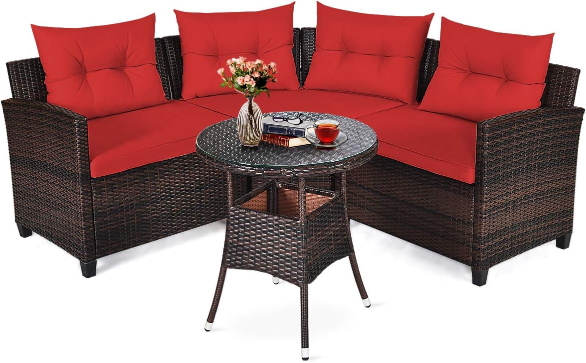 Tangkula 4-Piece C Shape Patio Furniture Set, Outdoor Corner Wicker Rattan Sectional Cushioned Sofa Set, with Glass Coffee Table, for Garden Poolside Balcony (Red)