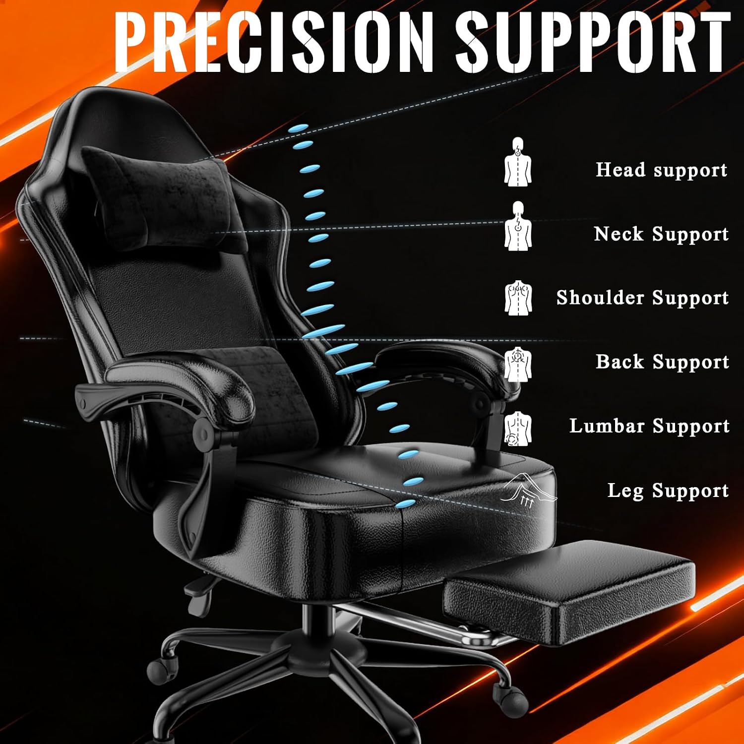 Gaming Chair with Pocket Spring Cushion and Footrest, Ergonomic Computer Chair for Adults, Breathable PU Leather Game Chair, Adjustable Headrest and Lumbar Support Office Desk Chair