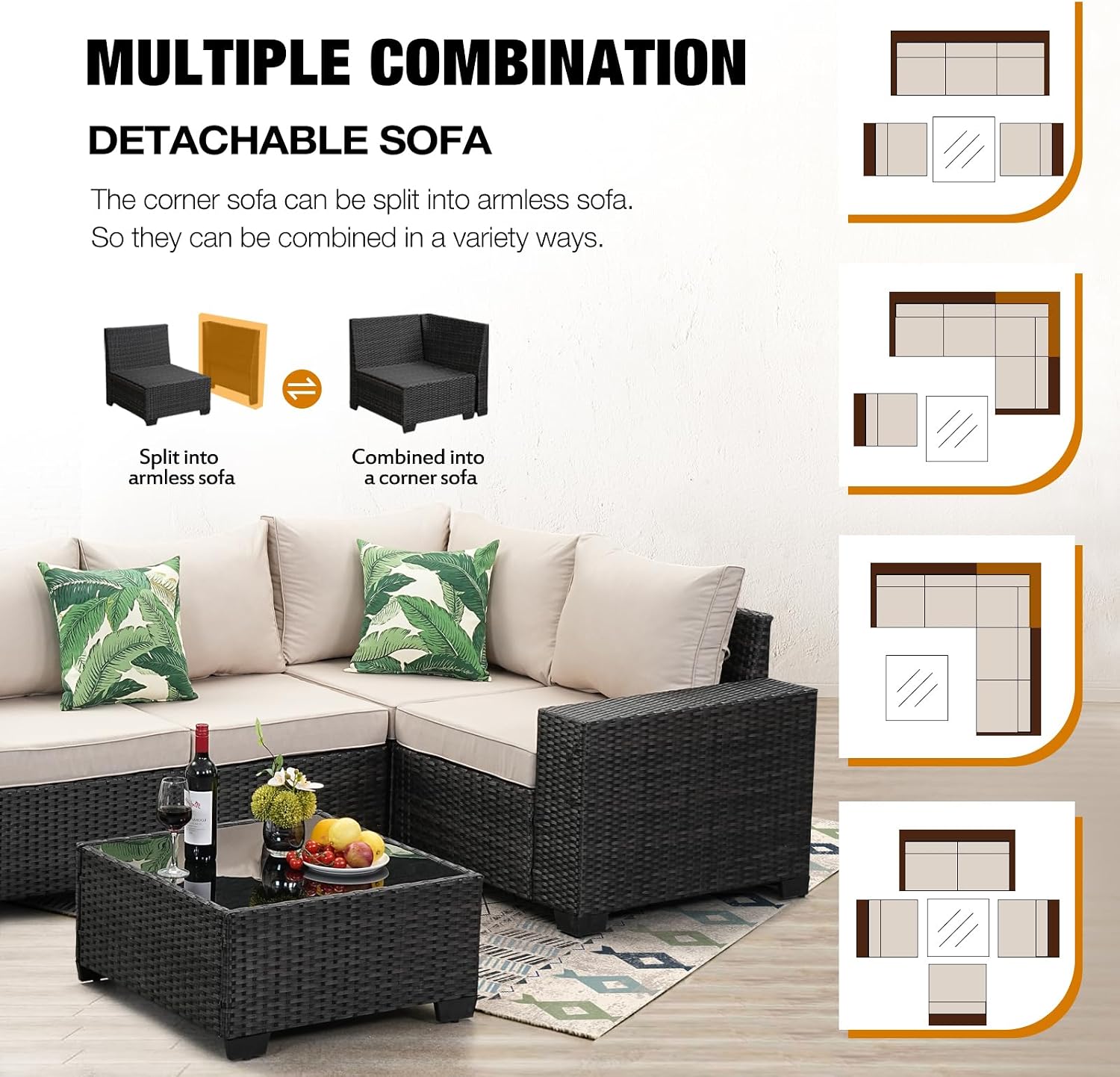 JOYURE 6 Pieces Patio Furniture Set All-Weather Outdoor Wicker Sectional Conversation Sofa Rattan Patio Seating Sofa with Cushion and Glass Table for Porch Poolside,Beige