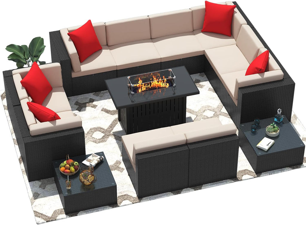 Greesum Patio Furniture Sets 13-Pieces Outdoor PE Rattan Sectional Sofa w/43in Gas Fire Pit Table 55000 BTU Add Warmth to Gatherings Parties On Deck Garden Backyard,Light Beige