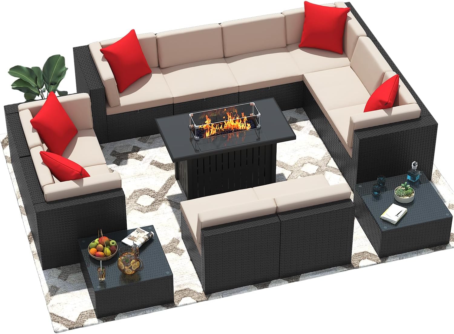 Greesum Patio Furniture Sets 13-Pieces Outdoor PE Rattan Sectional Sofa w/43in Gas Fire Pit Table 55000 BTU Add Warmth to Gatherings Parties On Deck Garden Backyard,Light Beige