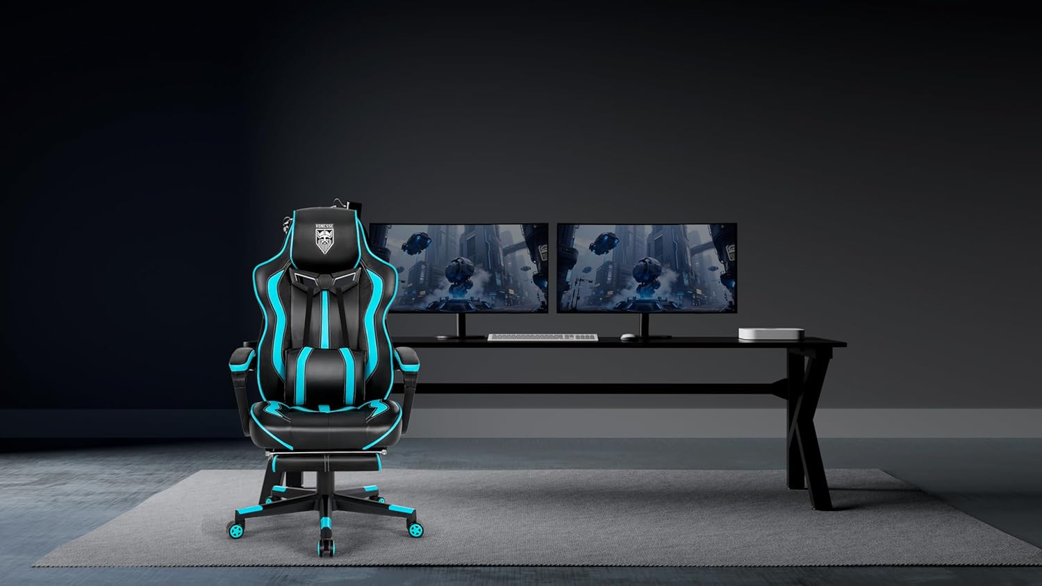 Vonesse Gaming Chairs for Adults, Gaming Chairs with Footrest and Massage, Reclining Computer Chair for Heavy People,Big and Tall Ergonomic Gamer Chair with Lumbar Pillow(Teal/Cyan)