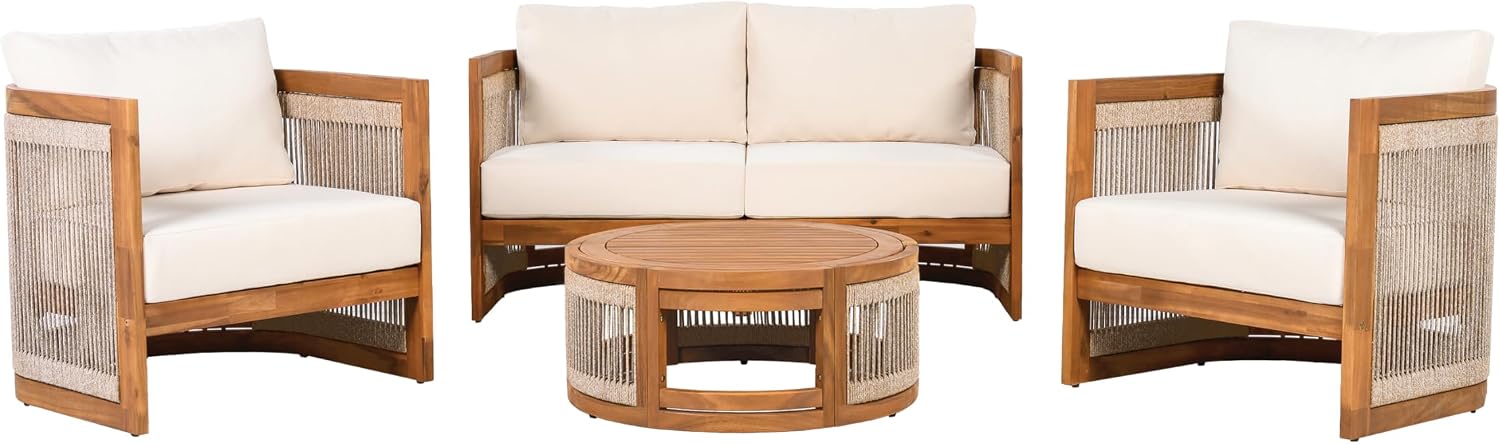 Acacia Wood Patio Multi-Person Sofa Set with Round Coffee Table and Woven Rope Accents, All-Weather Conversation Set Outdoor Seating Group for Garden Backyard Poolside Balcony (Teak+Beige)