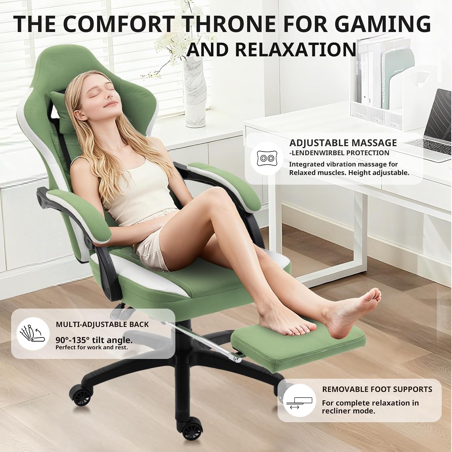 Dowinx Gaming Chair Breathable Fabric Game Chair with Gel Pad and Storage Bag, Comfortable Gamer Chair with Pocket Spring Cushion,Ergonomic Computer Chair with Footrest,Green