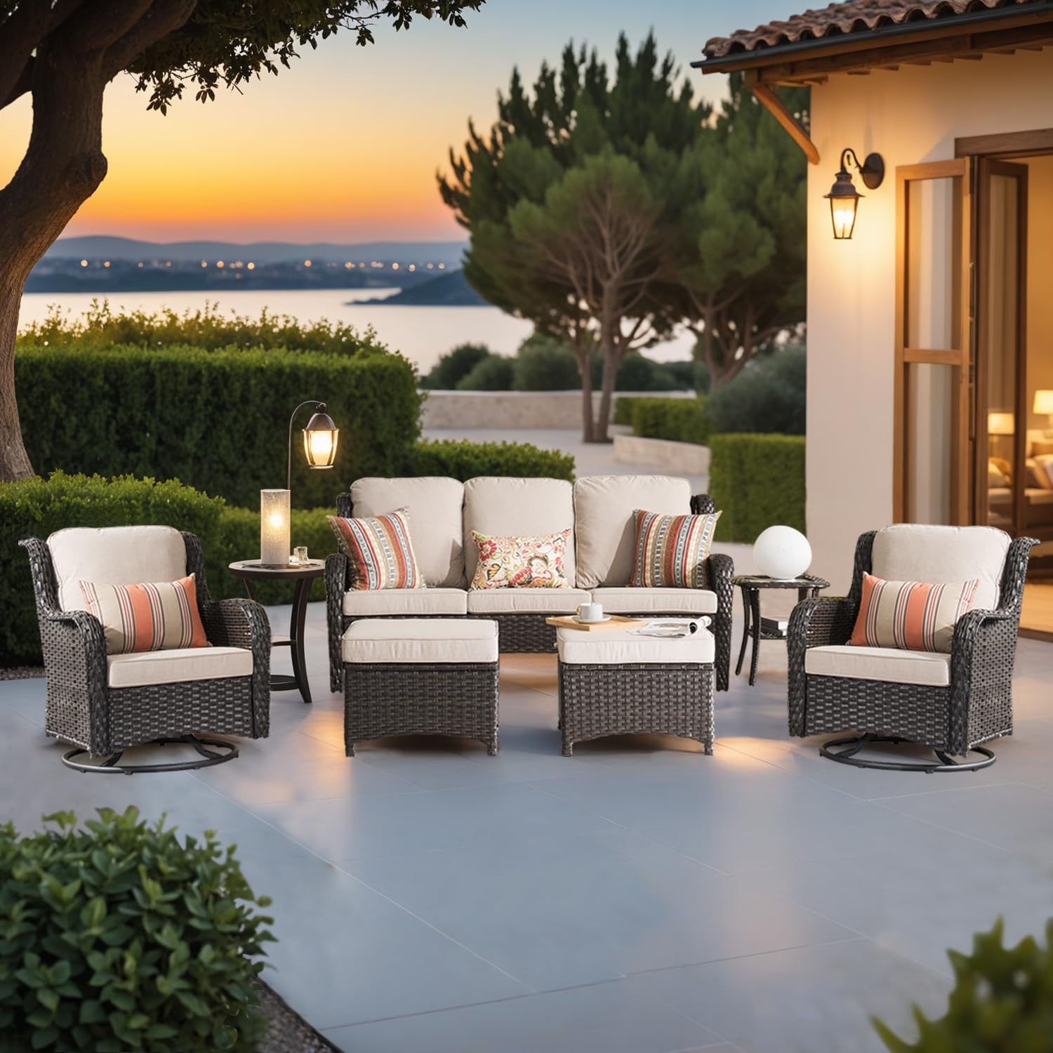 ovios 6-Pieces Patio Furniture Set, Outdoor Wicker Sofa Couch with Swivel Glider Chairs Comfy Cushions, High Back Modern Conversation Set, Brown Rattan, Beige