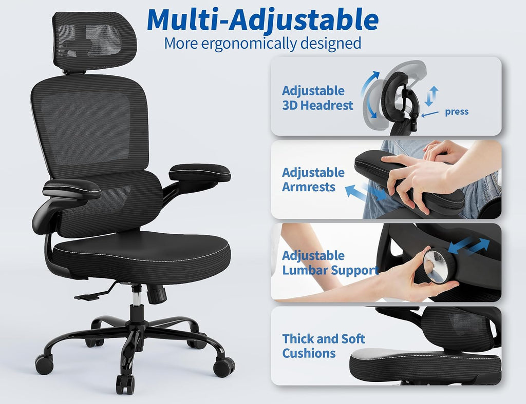 TRALT Ergonomic Office Chair - Desk Chair with Adjustable Headrest Lumbar Support Computer Chair - Mesh Comfy Chair with Flip-up Armrests - Gaming Chair for Adults Home Office PU, Black, Pack of 3