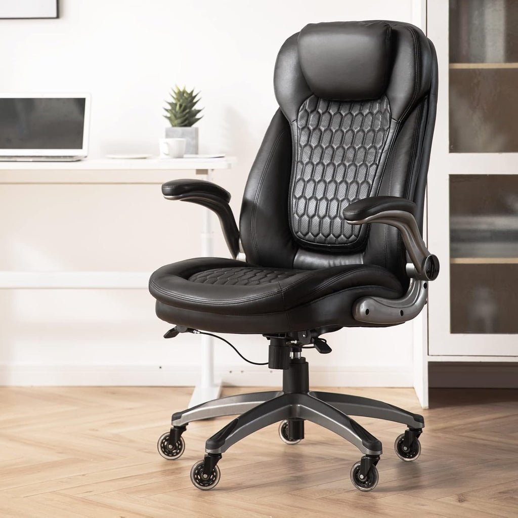 Executive Office Chair-Ergonomic Computer Desk Chair, High Back Leather Chair with Padded Flip-up Arms, Swivel Home Office Chair Upgraded Caster-Black