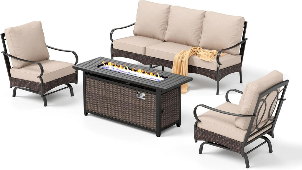 Patio Furniture Set with 56' Fire Pit Table, Premium Outdoor Wicker Metal Frame Furniture with Upgraded Waterproof Thick Cushions for Porch, Poolside, Deck, and Yard （4 Pieces,Beige）