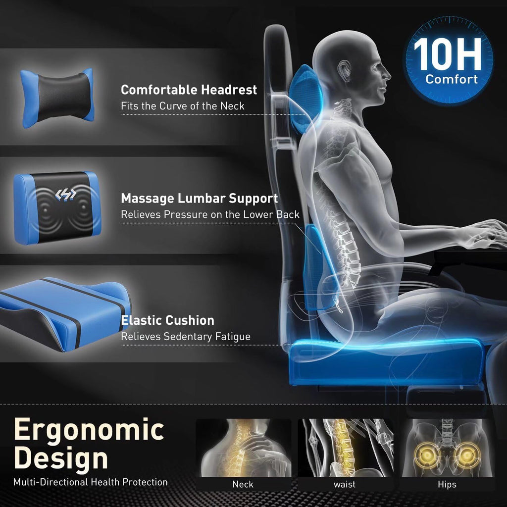 HLDIRECT Gaming Chair, Ergonomic Video Game Seat with 360° Swivel & Lumbar Massage, Computer Chair PU Leather Cushion for Adults Home/Office Use (Black & Blue)