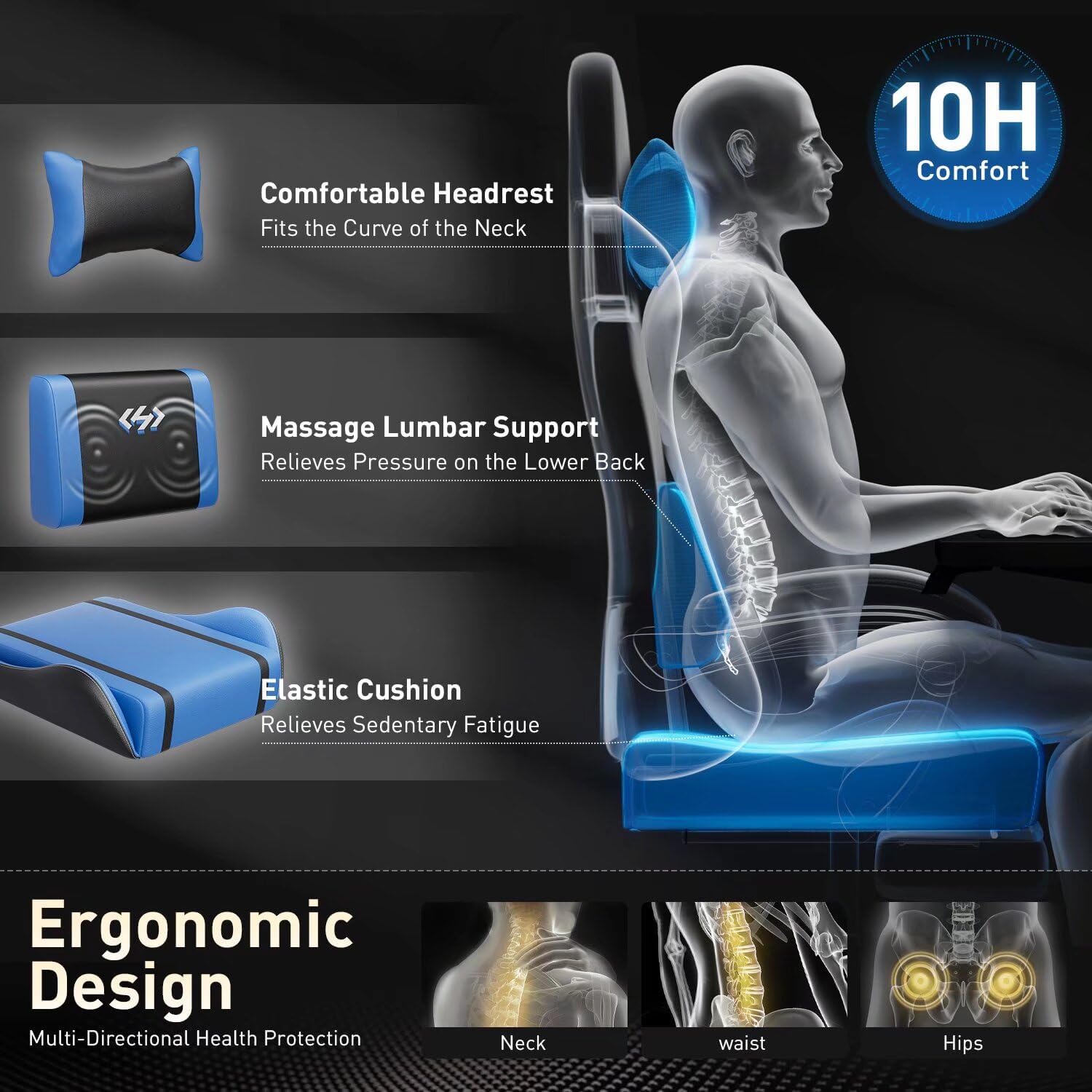 HLDIRECT Gaming Chair, Ergonomic Video Game Seat with 360° Swivel & Lumbar Massage, Computer Chair PU Leather Cushion for Adults Home/Office Use (Black & Blue)