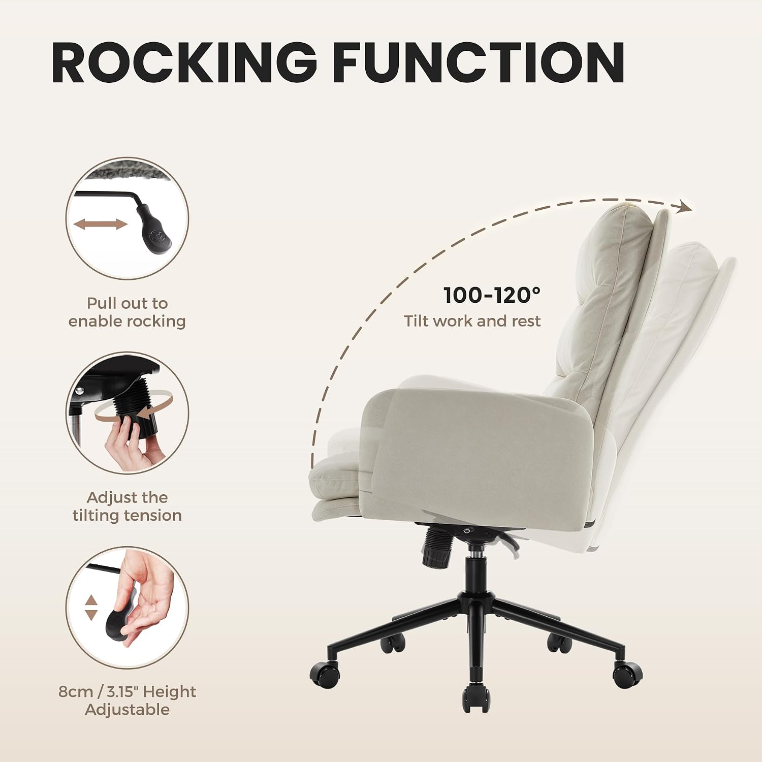 IWMH Swivel Home Office Chair,High-Back Armchair,Makeup Chair with Wheels and Armrests,Height Adjustable Desk Chair Upholstered Computer Task Chair, Leisure Armchair (Beige)