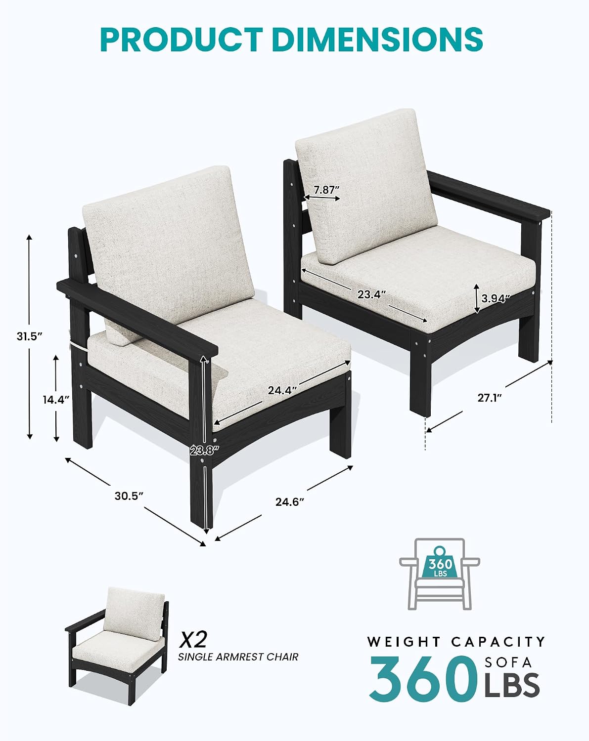 SERWALL HDPE Patio Loveseat Sofa, 2 Pieces Single Sofa, Weather-Resistant Outdoor Furniture Chair with Thick Removable Cushion, Balcony, Garden, Backyard, Poolside, Black Frame with Khaki Cushion