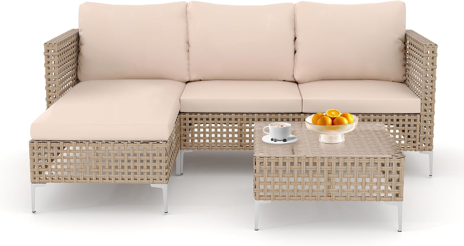 Patio Furniture Set, Small Outdoor Couch with Glass Coffee Table&Thick Cushion, Wicker L-Shaped Patio Couch, All-Weather PE Rattan Conversation Set for Garden, Poolside(3pcs Yellow&Beige)