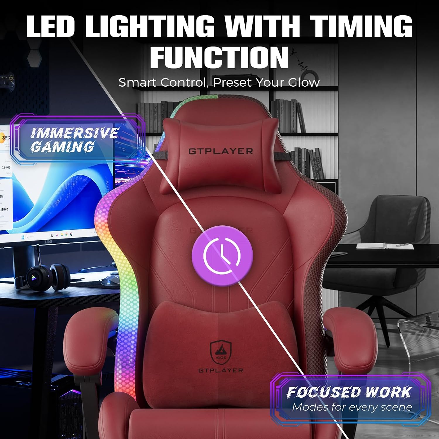 GTPLAYER Gaming Chair, Computer Chair with RGB LED Lights, High Back Ergonomic Chair for Adults with Footrest, Reclining Office Chairs, Linkage Armrest, Wine Red