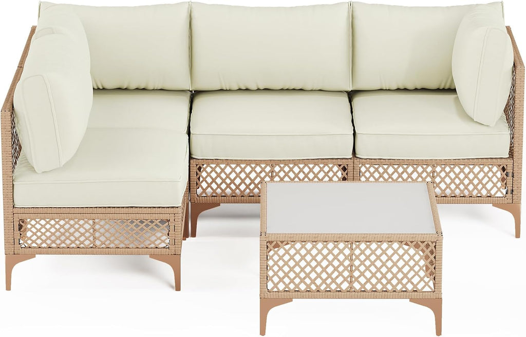 Outdoor Patio Furniture Set, Wicker Outdoor Sectional Set, Boho Patio Conversation Sectional Sofa with Large Tempered Glass Coffee Table and Waterproof Cushion (Large Size 5-Piece Patio Furniture)