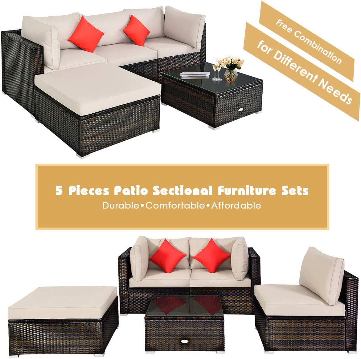 COSTWAY 5-Piece Outdoor Patio Furniture Set, Glass Top Coffee Table and Lounge Sofa with Cushions, PE Rattan Conversation Set for Garden, Deck, Backyard (Beige)