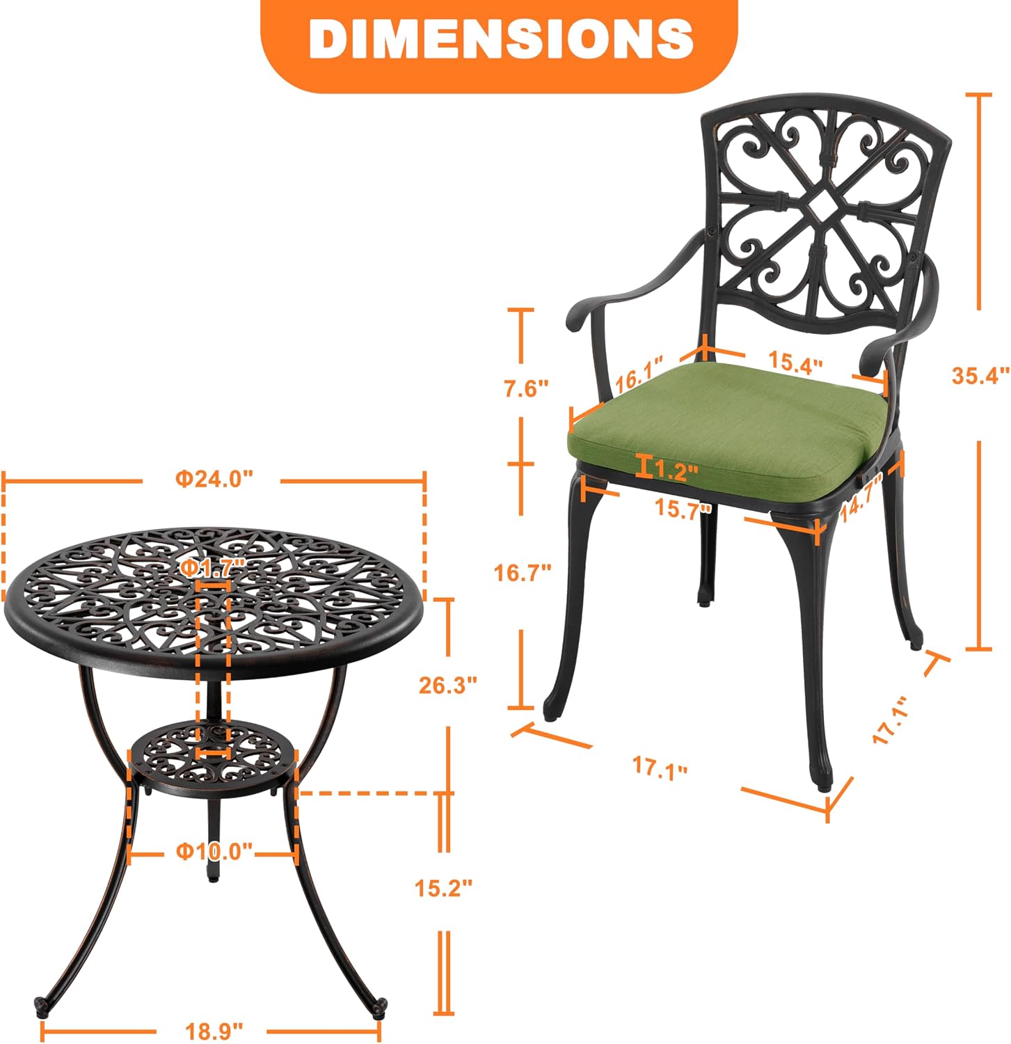 NUU GARDEN 3-Piece Outdoor Bistro Set with Cushions, Round 24 Inch Cast Aluminum Round Table with 1.77' Umbrella Hole and 2 Cast Aluminum Armchairs with Cushions, Black with Gold-Painted Edge