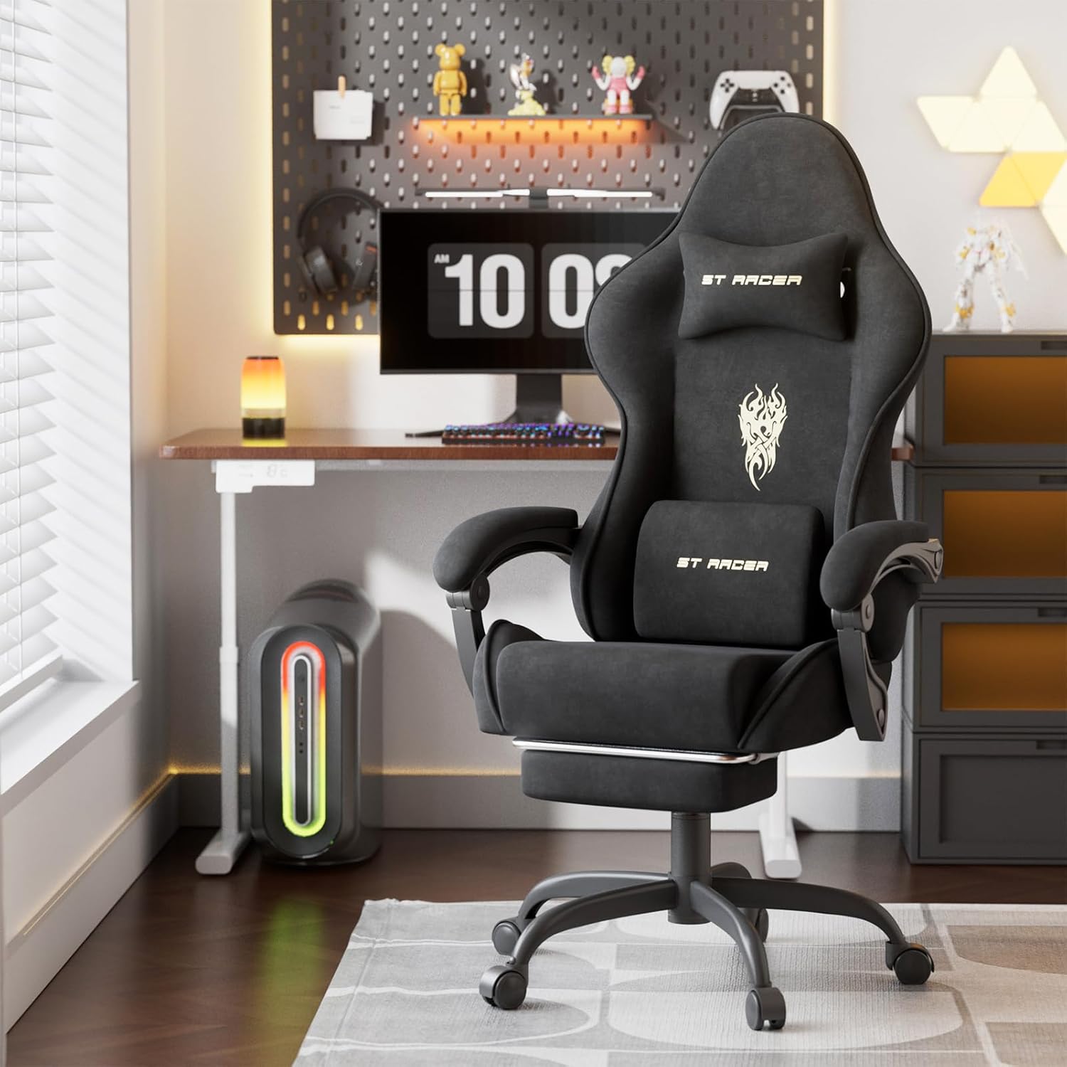 Huracan Velvet Fabric Racing Gaming Chair for Adults - Ergonomic Gamer Chair with Massage Lumbar, Footrest & Spring Cushion | Home Office/Video Game Chair, Black