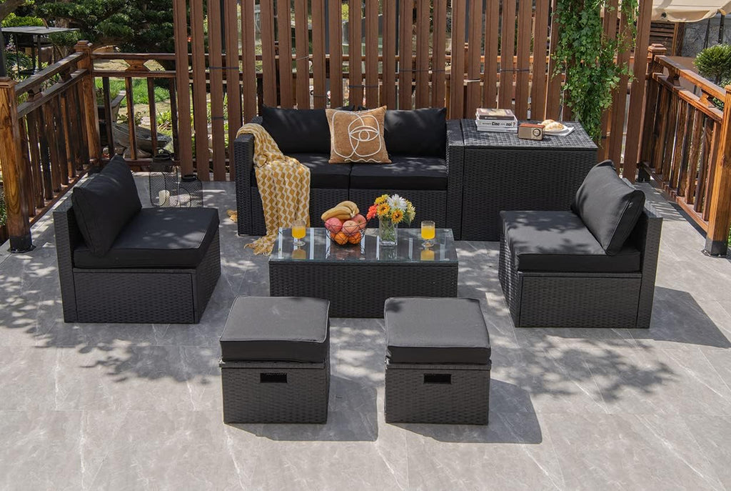 Tangkula 8 Pieces Patio Furniture Set with Waterproof Cover, Patiojoy Space Saving Outdoor PE Rattan Set with Storage Box, Tempered Glass Table, 2 Ottomans, 2 Armless Sofas & Corner Sofas